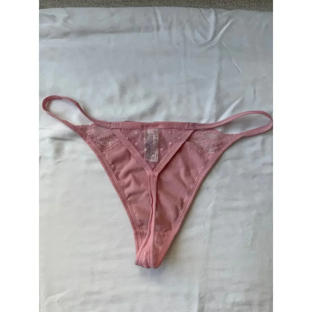 Maidenform Pink Mesh Lace Thong Size L Sheer Polka Dot Detail - Picture 2 of 4